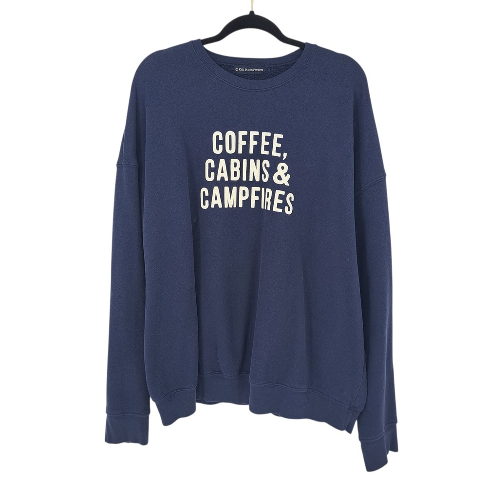 Kiel James Patrick Sweatshirt XXL Navy Coffee Cabins Campfires Graphic Pullover